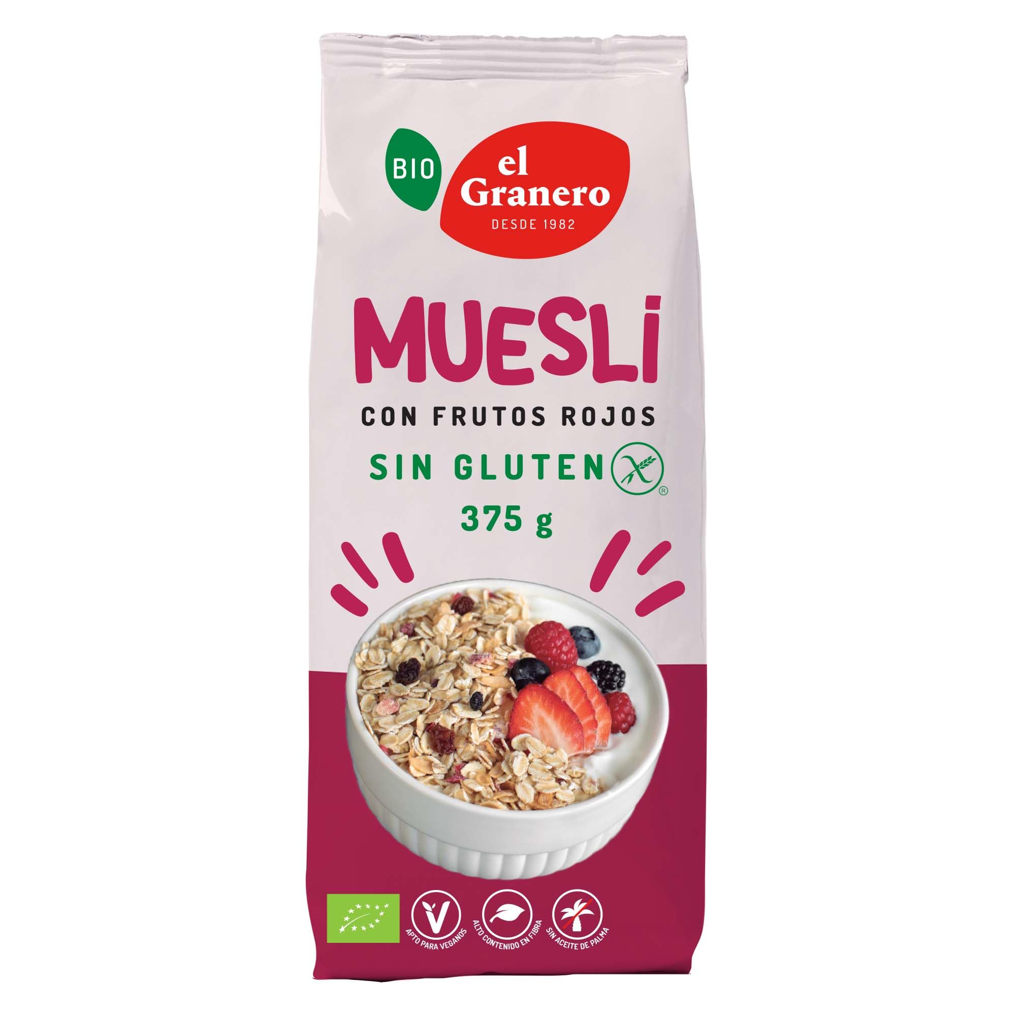 El Granero Integral - Muesli Frutos Rojos Sin Gluten Bio - 375 g - Fuente de Fibra y Nutrientes Esenciales - Mejora la Salud Intestinal - Ideal para el Desayuno - Apto para Veganos