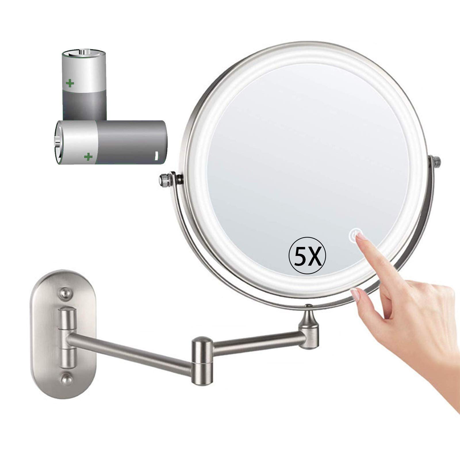 CFGJerWR Wall-mounted cosmetic mirror, Makeup Mirror with 5X Magnification - 3 Color Settings, 360° Swivel & Extendable, Battery Operated(Nickel Brushed)
