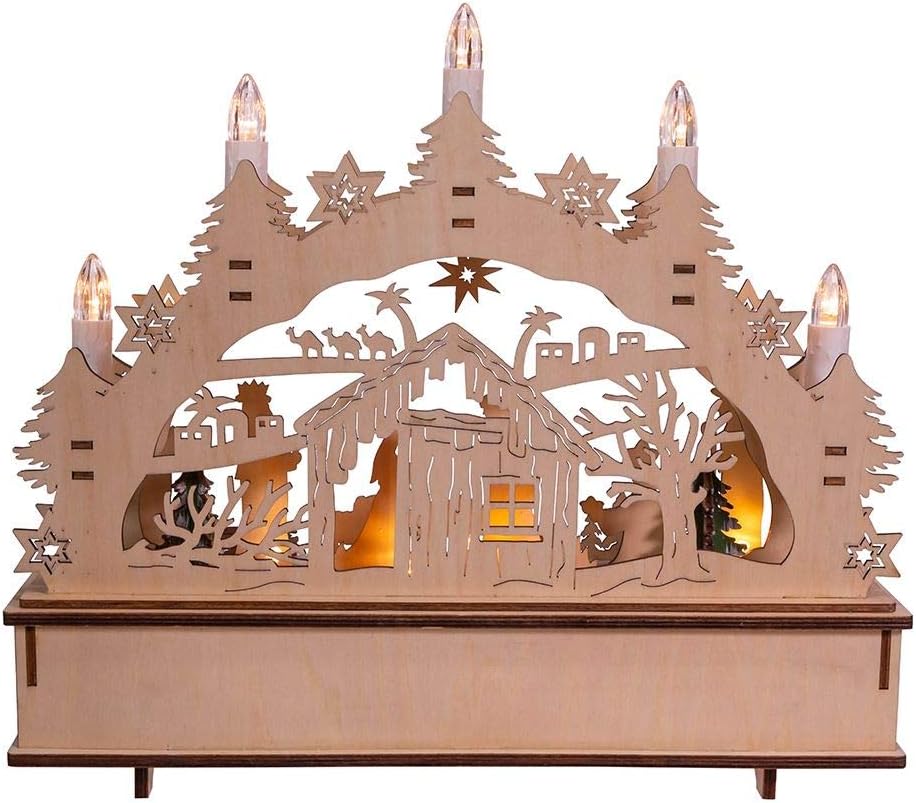 11-Inch Battery-Operated Light-Up Wooden Nativity Scene with Candles