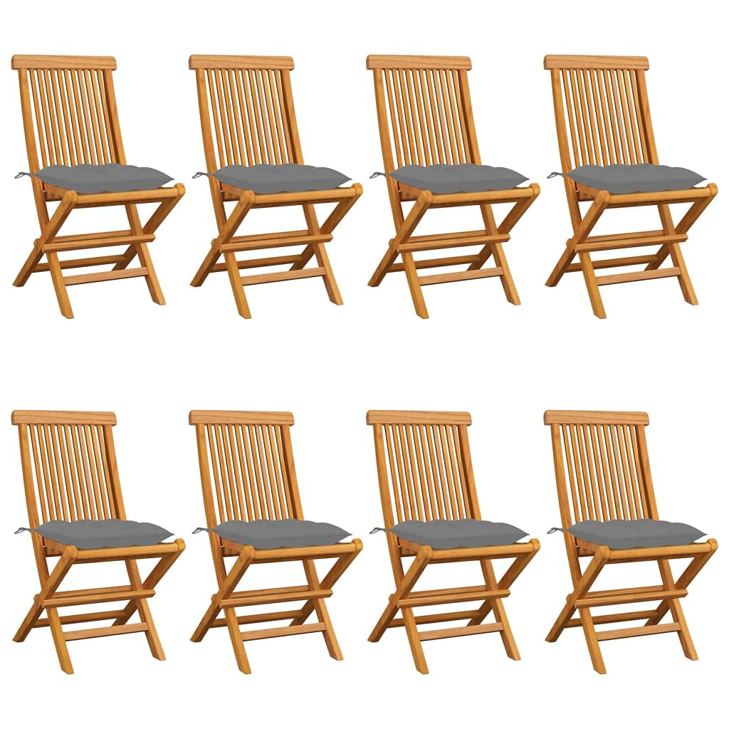 8 Uds. Sillas de jardín con cojines grises de madera maciza de teca y muebles de jardín plegables Asientos exteriores grises