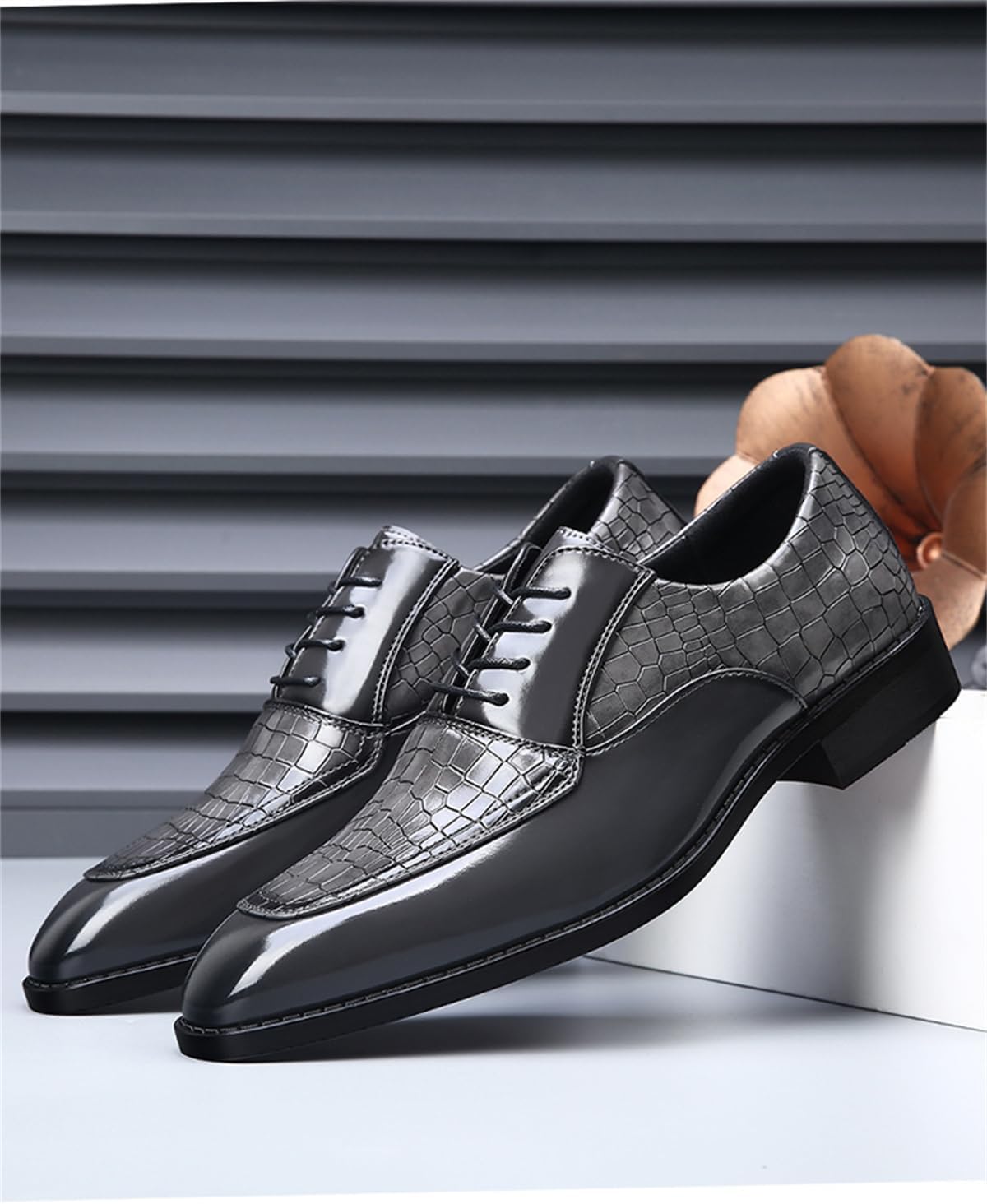 Men's Crocodile Print Square-Toe Dress Shoes Tuxedo Formal Business Casual Oxfords Retro Derby - Image 3