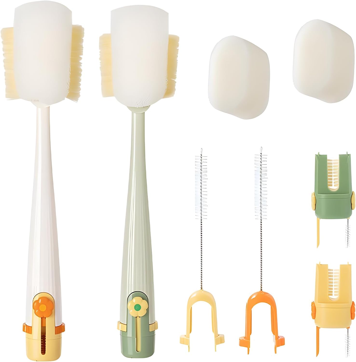 5-in-1 Bottle Cleaning Brush Set, Multifunctional Household Cleaning Kit with Long Flexible Scrubber,for Narrow Mugs, Stainless Steel Cups, Baby Bottles and Tumbler (Green+White, 2 pcs)
