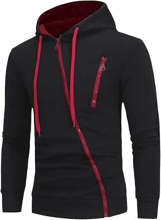 Men's Diagonal Zipper Hoodies Side Zipper Slim Hooded Jacket Full Zip Turtleneck Sweatshirt
