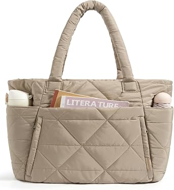 BAGSMART Tote Bag for Women, Puffer Tote Bag with Zipper, Large Quilted Shoulder Bag with Compartments for Travel, Work, Gym
