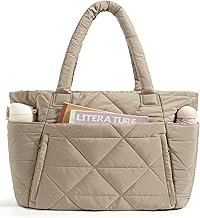 bagsmart Tote Bag for Women, Puffy Tote Bag with Zipper, Large Quilted Shoulder Bag with Compartments for Travel, Work, Gym
