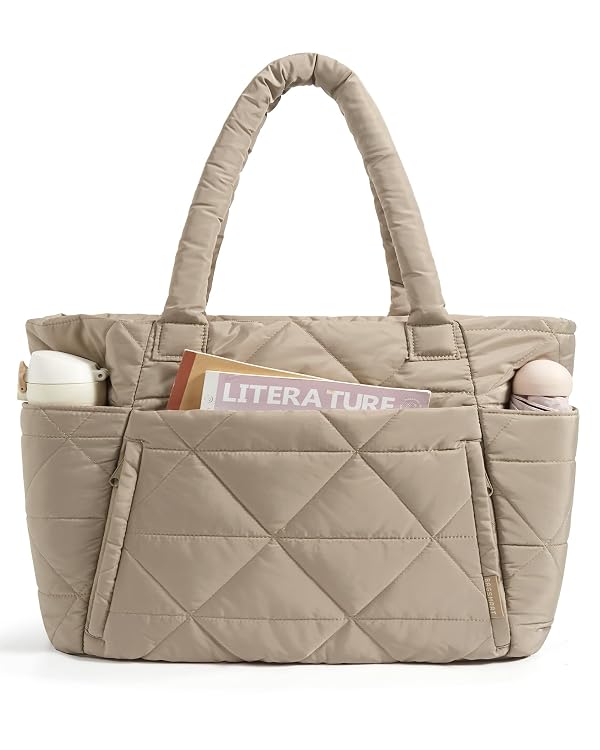 BAGSMART Tote Bag for Women, Puffy Tote Bag with Zipper, Large Quilted Shoulder Bag with Compartments for Travel, Work, Gym (Grayish Brown) by BAGSMART - Used condition - US$23.99