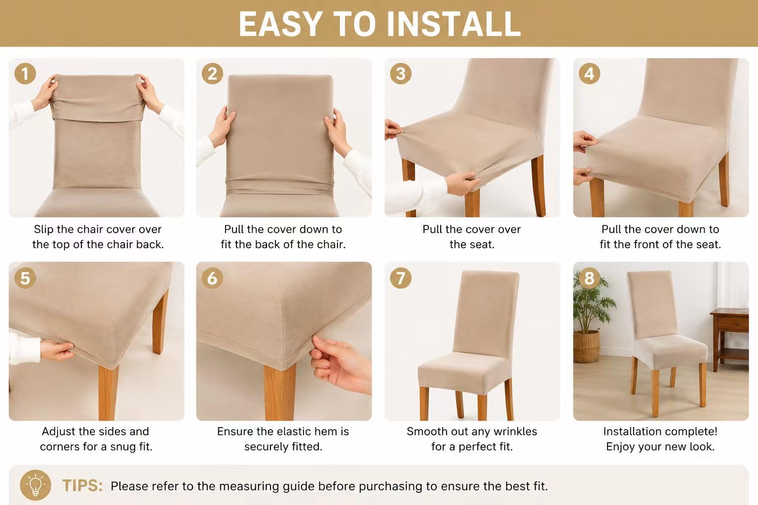 Coprisedia con Schienale in velluto 4/6 Pezzi, Fodere Sedie Elasticizzato Lavabile,Coprisedia con Schienale per Casa, Ristorante, Hotel, Cucina,decorazione per matrimoni (Beige, 6)