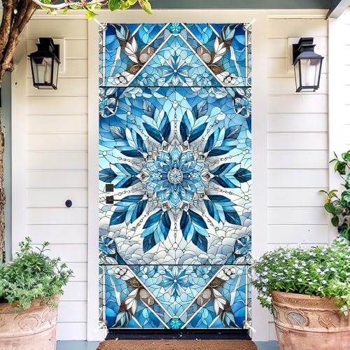 Image of Blue Mandala Stained Glass Door Cover 35x71in Crystal