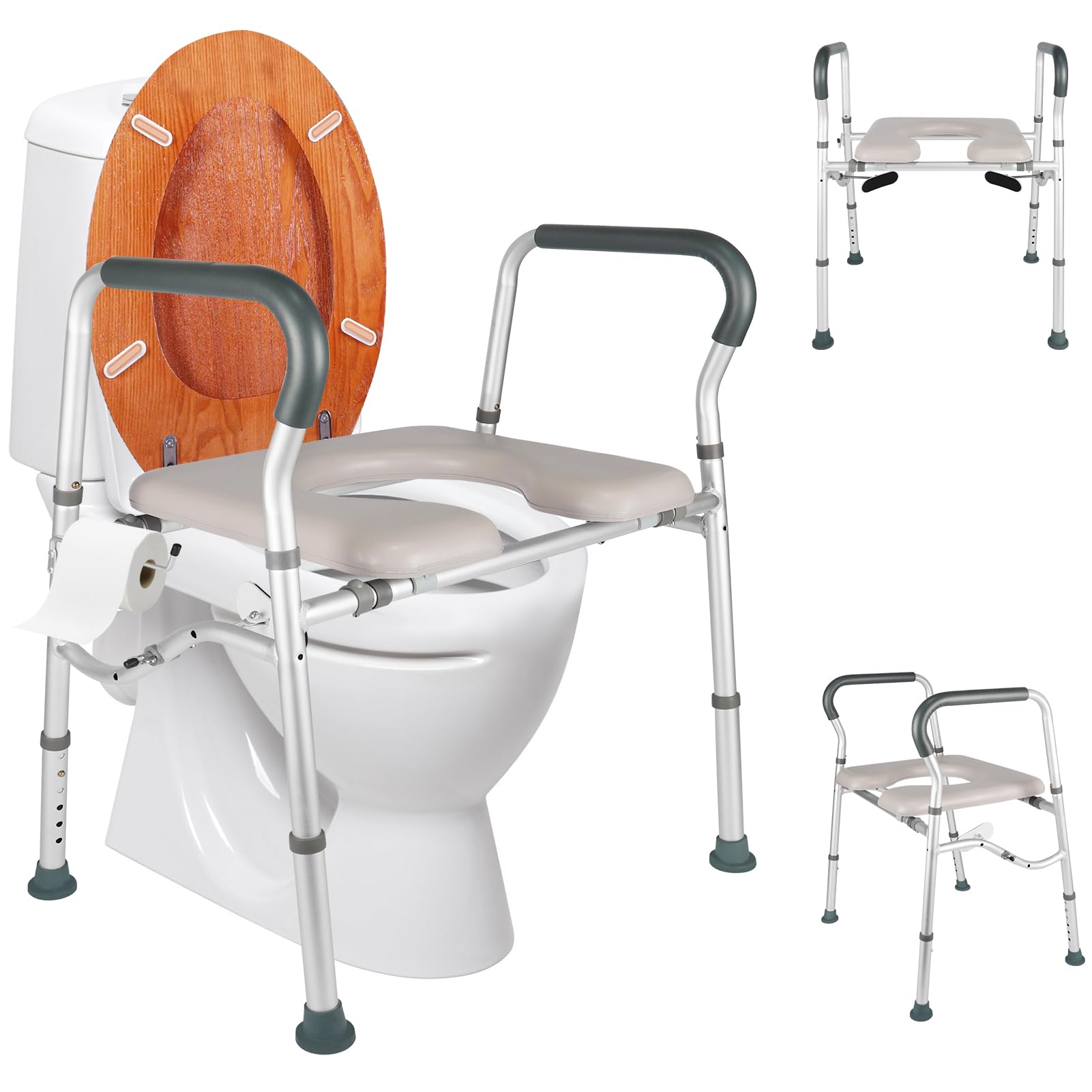 Toilet Seat Risers for Seniors, Raised Toilet Seat with Frame, Padded Seat with Splash Guard, Height Adjustable Commode Chair for Toilet, Up to 350lbs Support?Products Include Side splints?…
