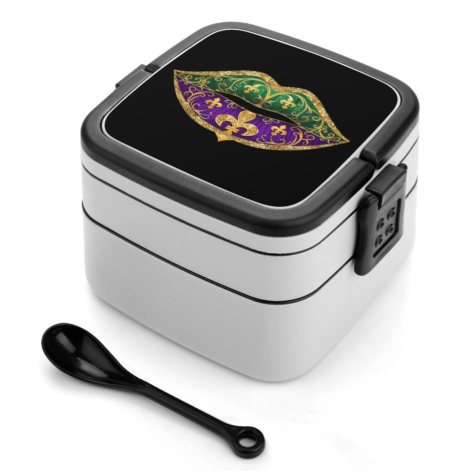 CGSBNGHA Mardi Purple Green Lips Fleur-De-Lis Gras Bento Lunch Box 2 Layer Lunchbox Food Container for Adults Office