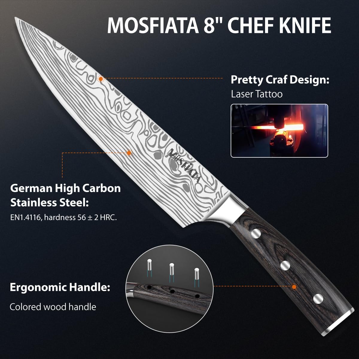 MOSFiATA Professional Chef Knife Set with German High Carbon Stainless Steel Kitchen Knife Set 3 PCSwith Finger Guard,Knife Sharpener,Knives Set for Kitchen with Gift Box - Image 3