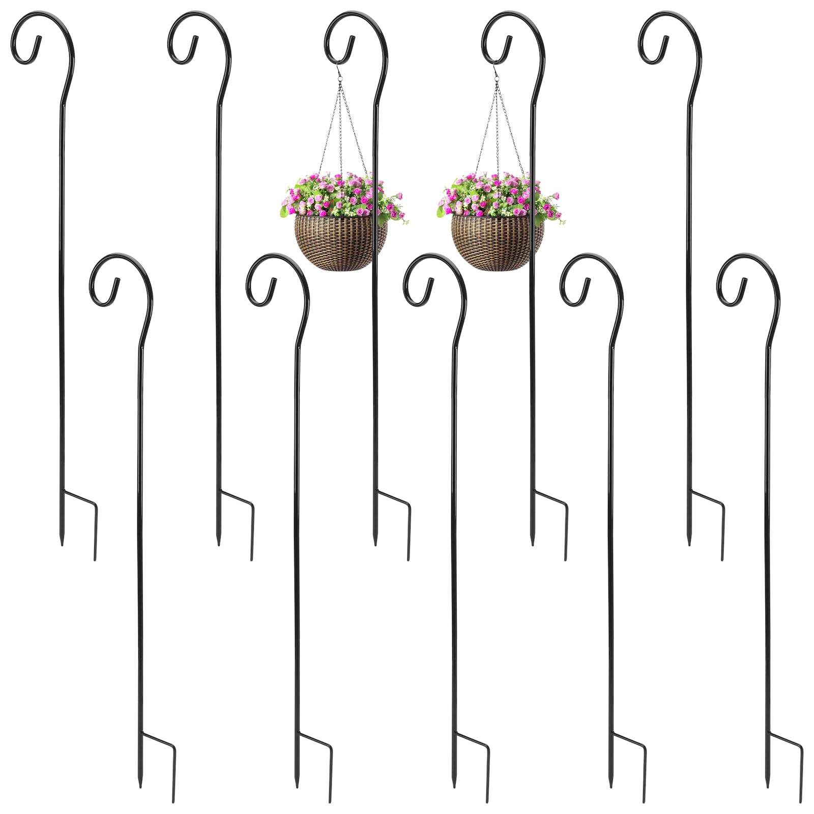 MOUYAT 10PCS Shepherds Crook Garden Hooks, Adjustable Height 32 Inch Garden Shepherds Hooks, Black Metal Garden Border Poles for Hanging Lights and Plants