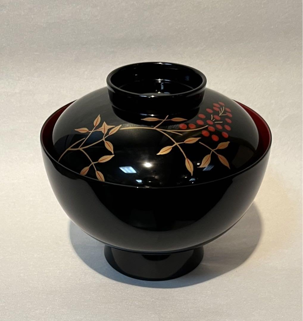 Amazon.co.jp: 越前漆器 越前塗 雑煮椀 黒内朱 南天1客国産本漆手塗り