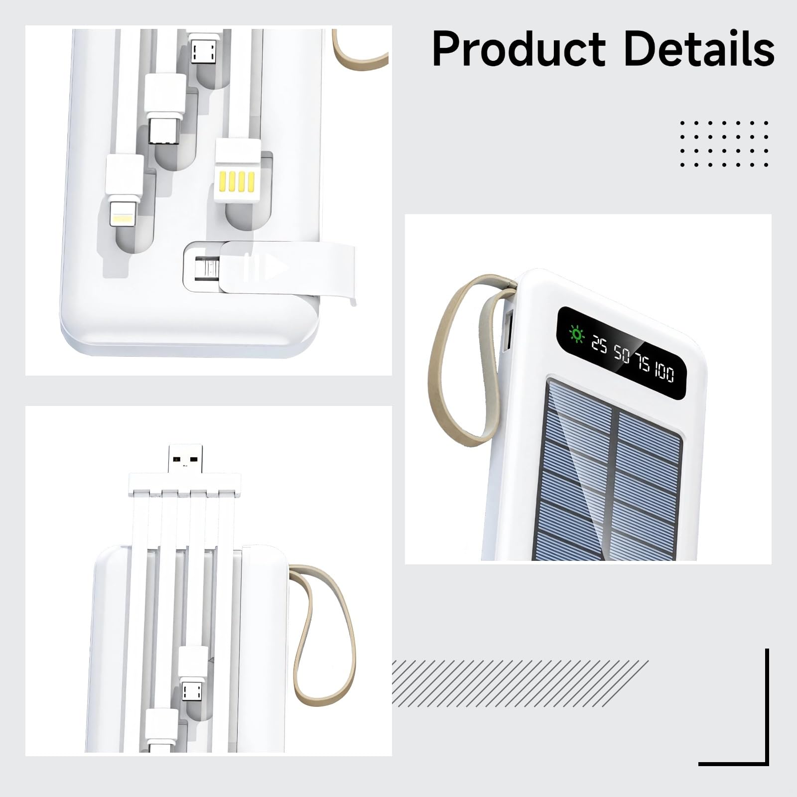 Caricatore solare da esterno da 20000 mAh, power bank di grande capacità con indicatore LED, torcia, cavi integrati, porte bianche per dispositivi multipli, certificato Fcc CE