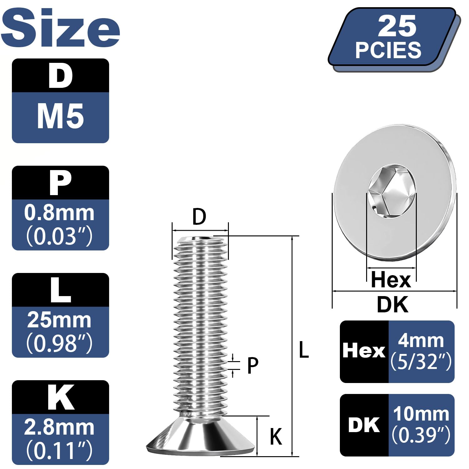 Humyu M5 Hex Bolts 25mm, 25Pcs M5 Countersunk Bolts, Hex Socket Countersunk 304 Stainless Steel Allen Key Bolts - Image 2
