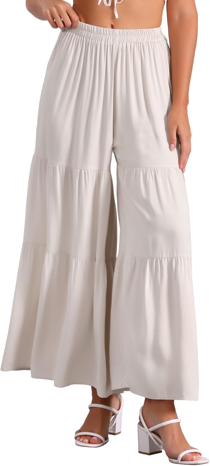 Allegra K Women's 2026 Summer Wide Leg Palazzo Pants High Waisted Flowy Trendy Casual Lounge Boho Beach Ruffles Trousers