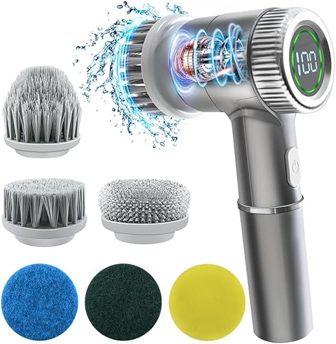 Limpiador eléctrico inalámbrico giratorio, limpiador de mano recargable, cepillo limpiador de ducha inalámbrico de 3 velocidades, 6 cabezales