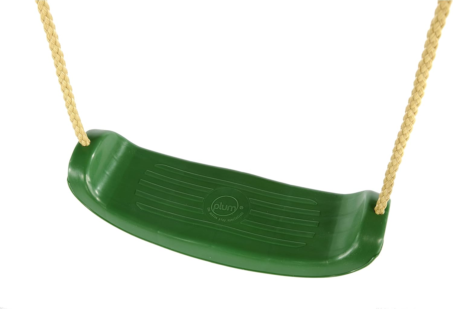 Close-up of a single green molded swing seat with yellow ropes