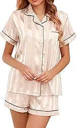 Pijama de cetim de seda para mulheres, conjunto de pijama de seda abotoado, gola notch, conjunto de pijama de cetim - 2 peças de pijama de cetim