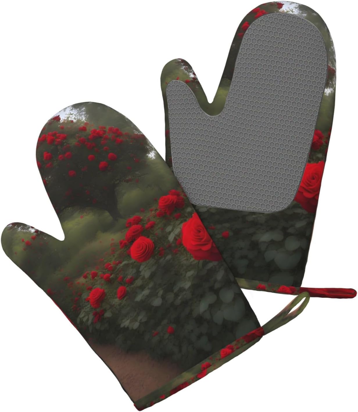 Silicone Oven Gloves Sets Barbecue Mitts High Heat Resistance Anti Slip for Baking Cooking Red Roses On The Curb