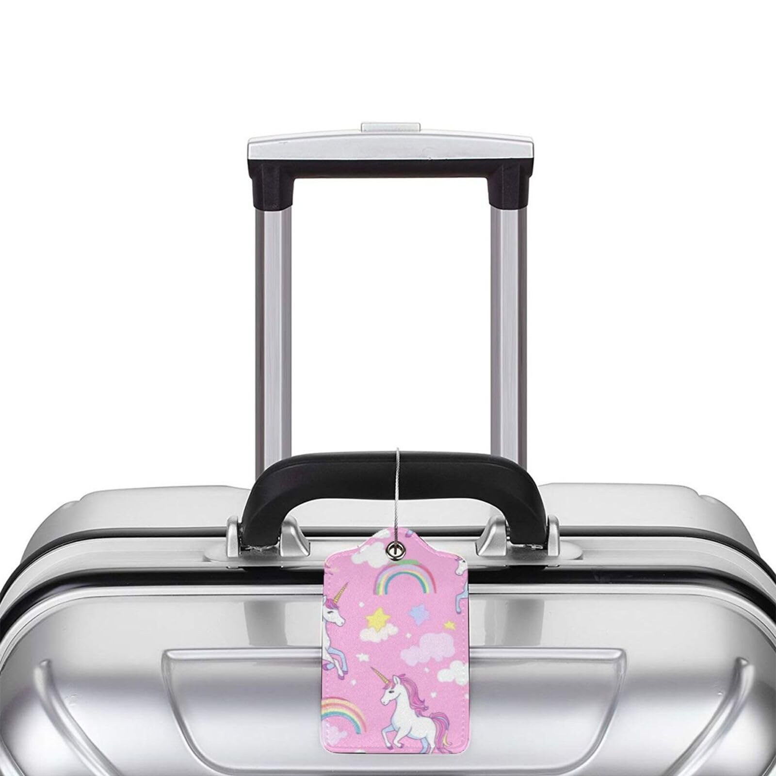 4 etichette per bagagli in pelle PU per valigie, con unicorno, arcobaleno, rosa, con anello in acciaio inossidabile, etichetta identificativa per la privacy, per donne e uomini