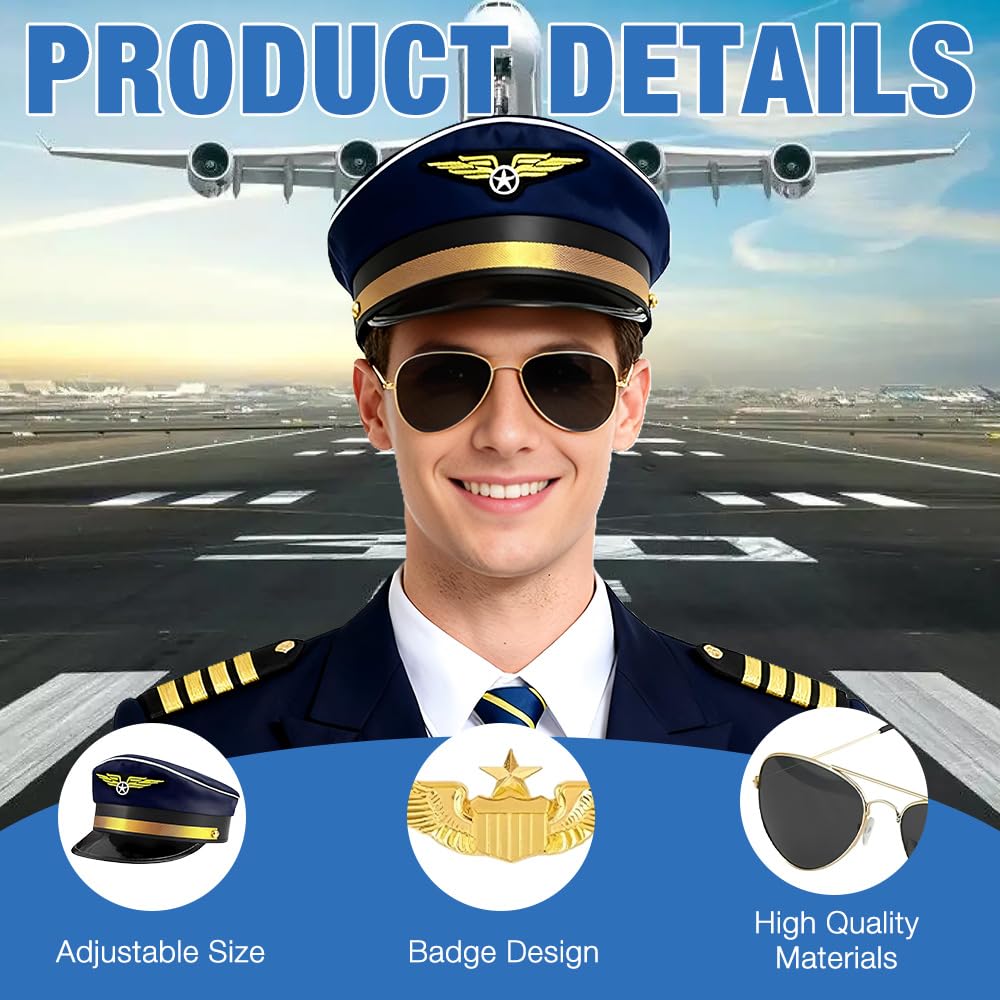 XEERUN 7PCS Pilot Costume Accessories Set, Airline Pilot Captain Hat Costume Accessories Set - Image 3
