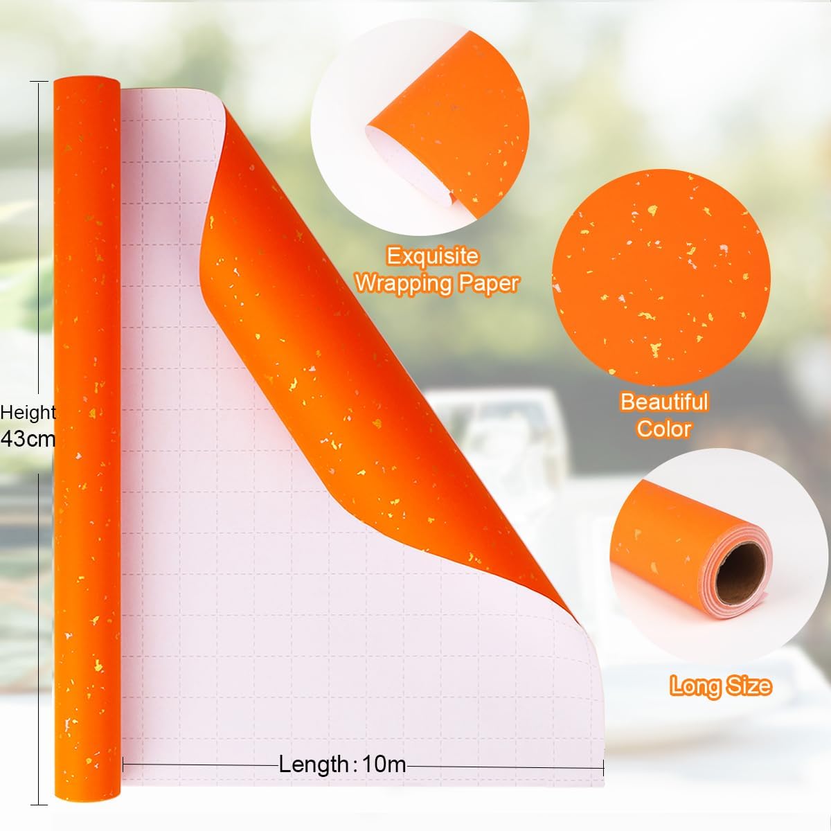 HBell Orange Wrapping Paper Roll,43cm X 10m Recyclable Kraft Wrapping Paper,Gold Foil Design Matte Gift Wrap Paper for Birthday,Easter,Party,Wedding,Baby Shower,Christmas