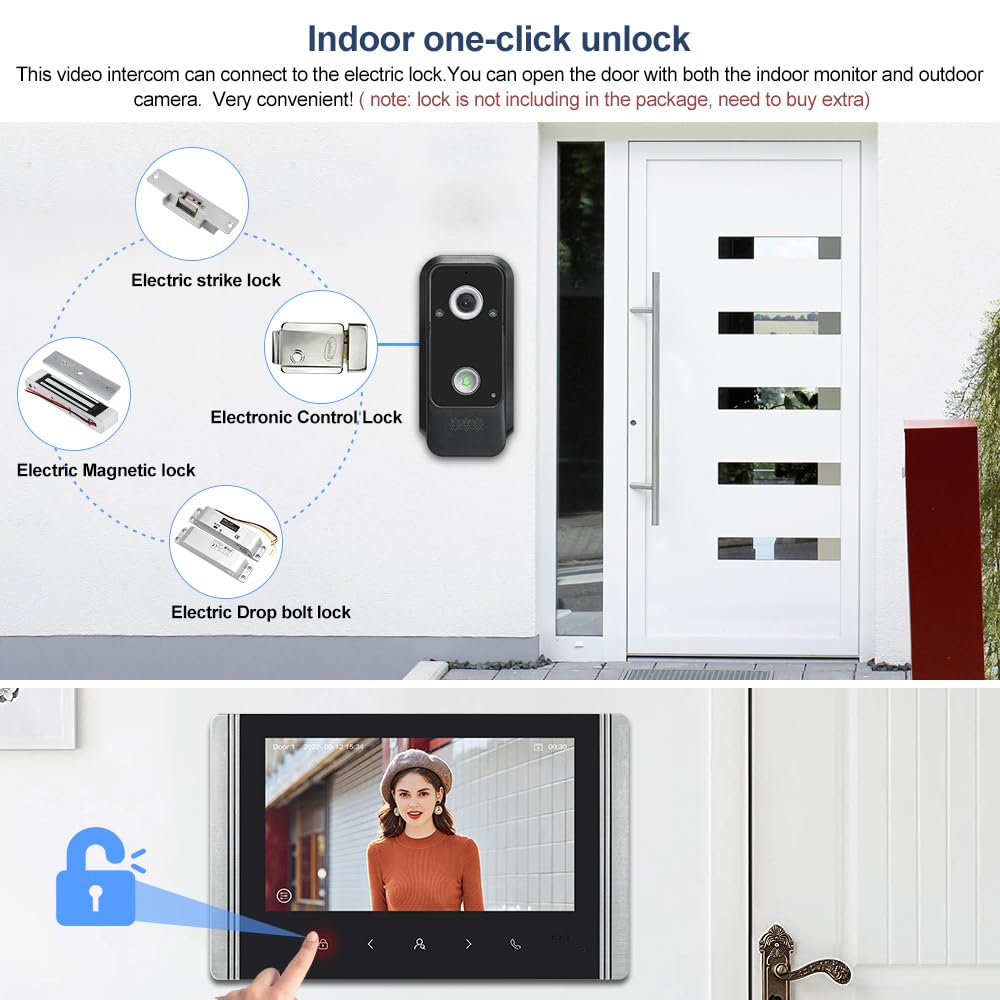 Sistema di videocitofono cablato con schermo a colori IPS da 7 pollici, videocitofono HD 1080P e telecamera da 2 megapixel con supporto per sblocco, citofono bidirezionale