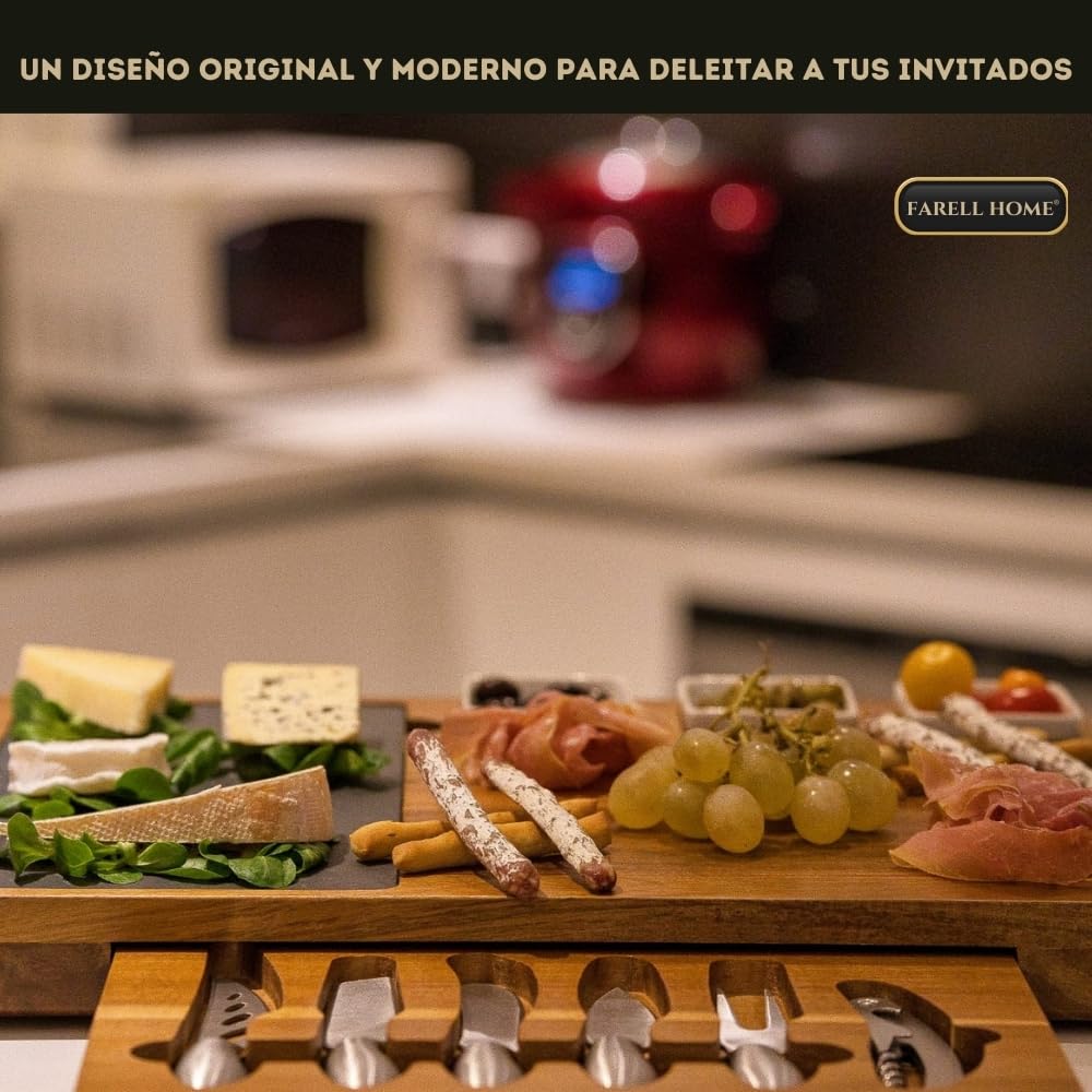 Tabla de quesos y embutidos de madera de acacia - Plato de quesos para aperitivo - Cubiertos de cerámica, pizarra y ramequín - Caja de degustación XL - Idea de regalo.