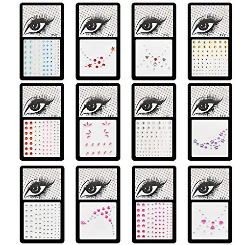 DKAF 12 Sheets Eye Body Face Gems Rhinestone Stickers, Self Adhesive Shiny Rhinestones Rainbow Face Gems for Women Festival Accessory and Nail Art Decorations