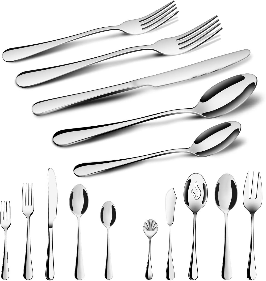 Silverware Set,MCIRCO 45 Pcs Flatware Set Serve for 8 Stainless Steel Forks Spoons Knives Set, Mirror Polished Cutlery Flatware Set with Large Serving Set