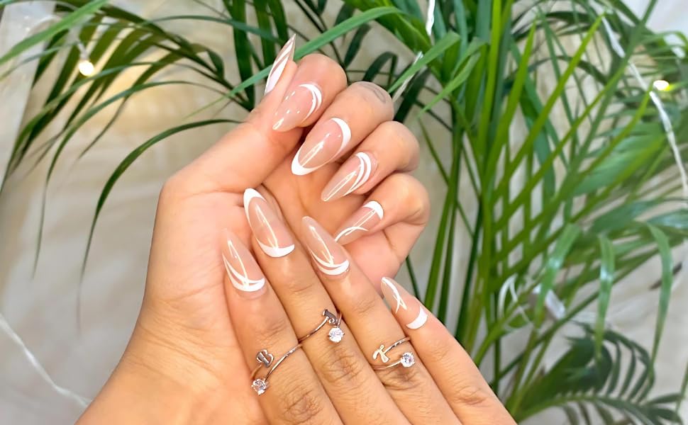Image of 24 Pcs Reusable Artificial Nails Fake Nails with Glue and Kit (Modern French, Nude)