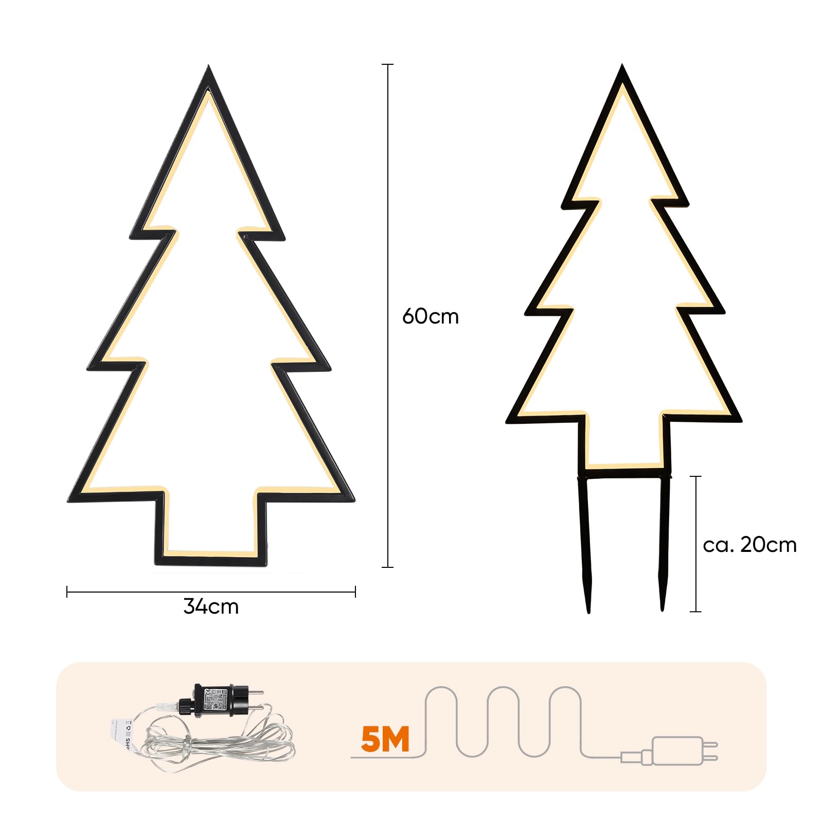 SALCAR XXL 3D LED estaca de jardín árbol de Navidad 60 cm, estaca de jardín de metal con 100 LED, árbol de Navidad iluminado para jardín, iluminación navideña exterior impermeable, blanco cálido
