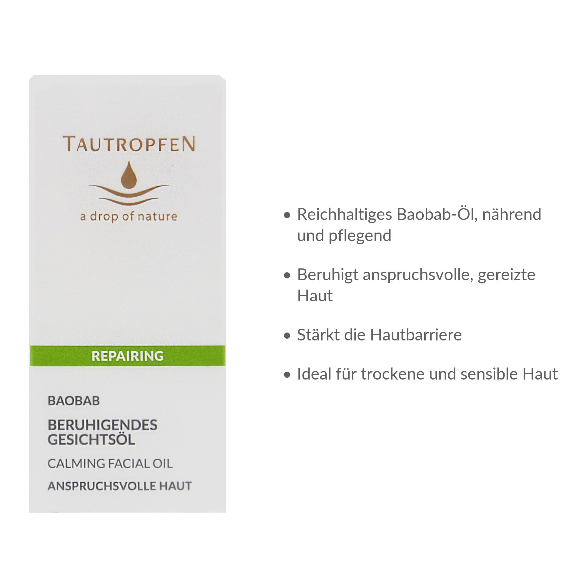 TAUTROPFEN Naturkosmetik, Repairing Gesichts-Öl (35 ml) - Beruhigendes Gesichtspflege-Öl für alle Hauttypen - mit Baobab Öl, Johannisbeersam Öl & Bisabolol – Schnelleinziehend