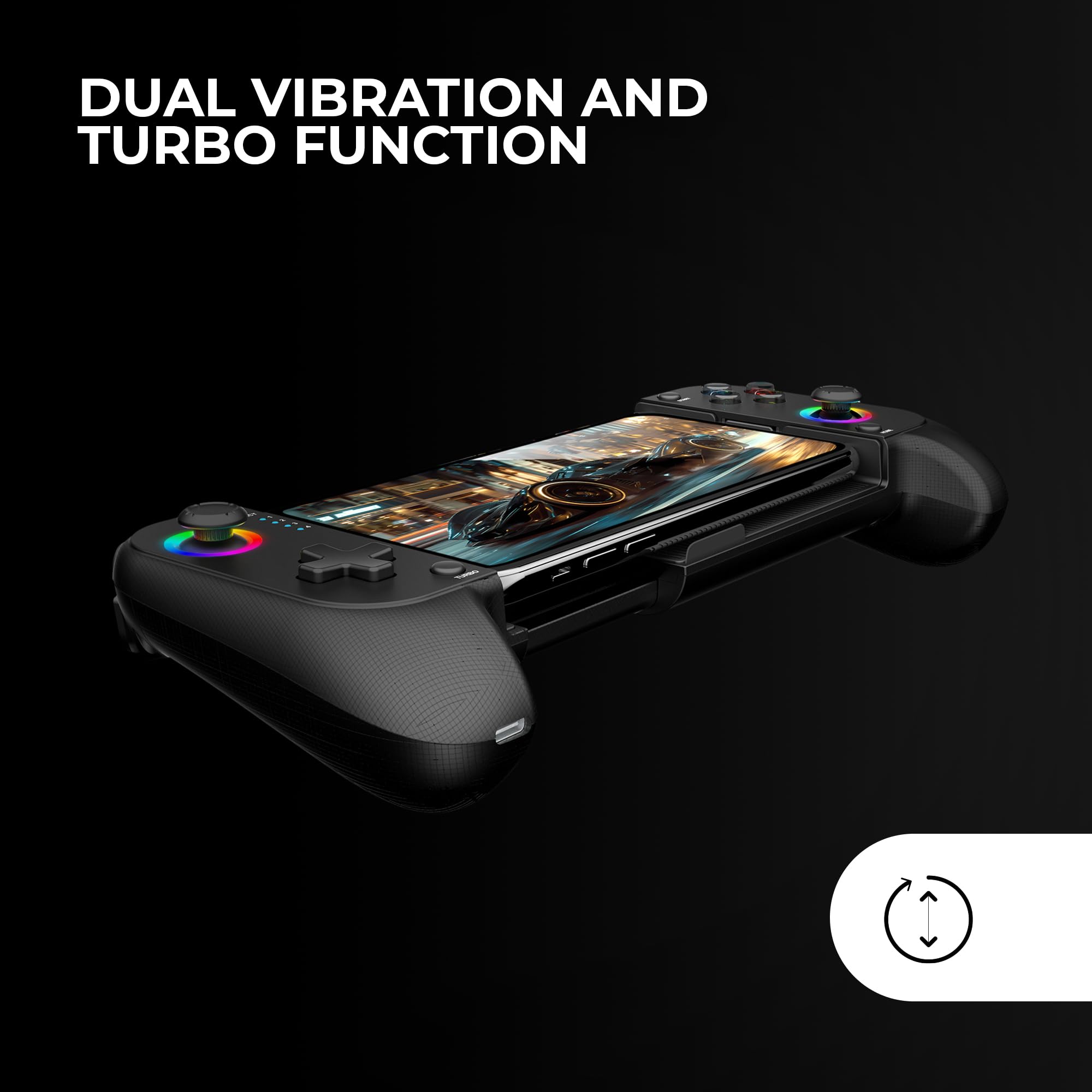 Mars Gaming MGPX, Gamepad Bluetooth 5.0 2en1, RGB Neon, Vibración Dual y Función Turbo, Soporte Smartphone Hasta 6.8", Mando Multifunción Compatible PC, Android, iOS y Consolas, USB-C y Funda, Negro