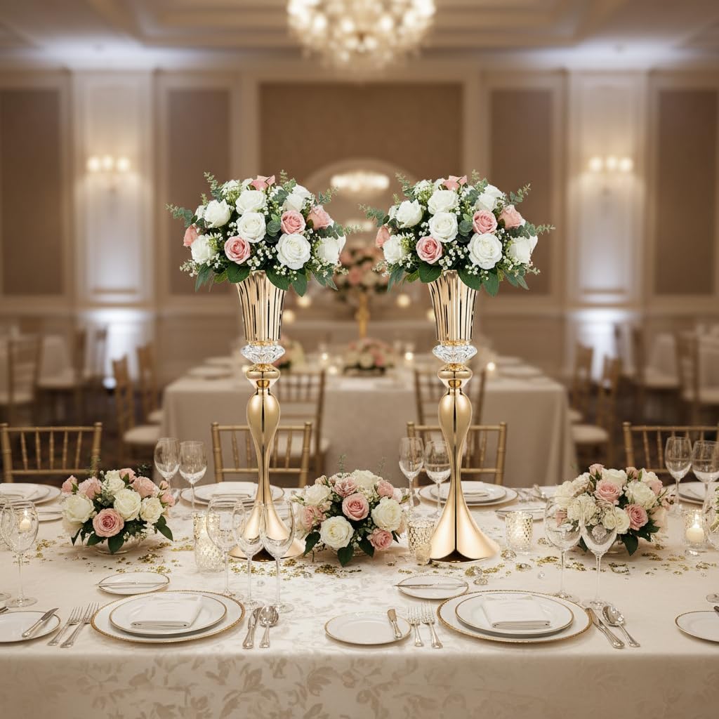 Jarrones dorados de 22 pulgadas para centros de mesa, 2 jarrones de trompeta altos de metal, centros de mesa de recepción de boda, jarrón de flores de cristal para mesa, boda, fiesta, evento