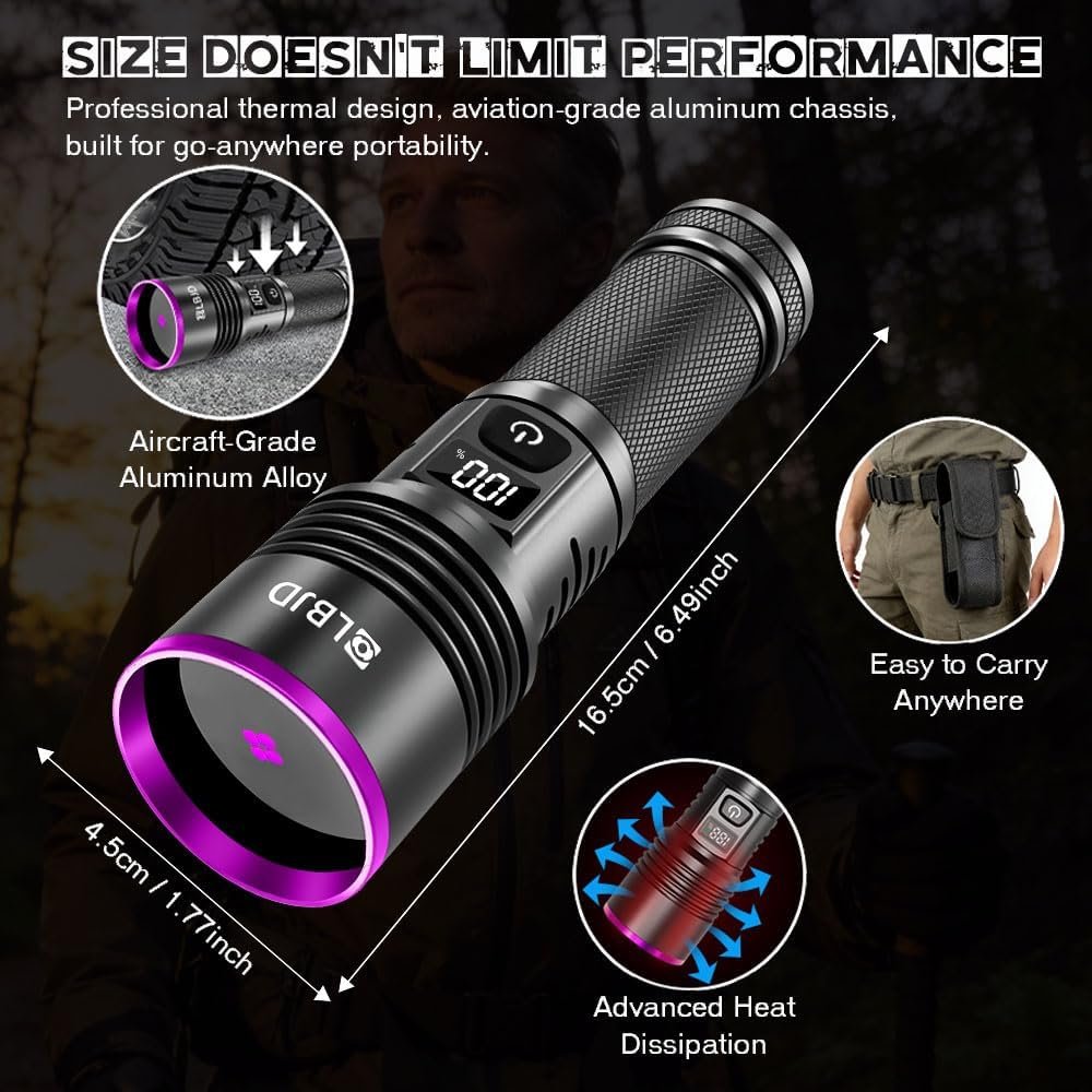 UV Flashlight, Rechargeable 365nm Blacklight Flashlight with High Capacity Battery, USB Port to Charge Your Phone, for Pet Urine Detection, Oil Leak, Scorpion/Yooperlite Hunting, Resin Curing