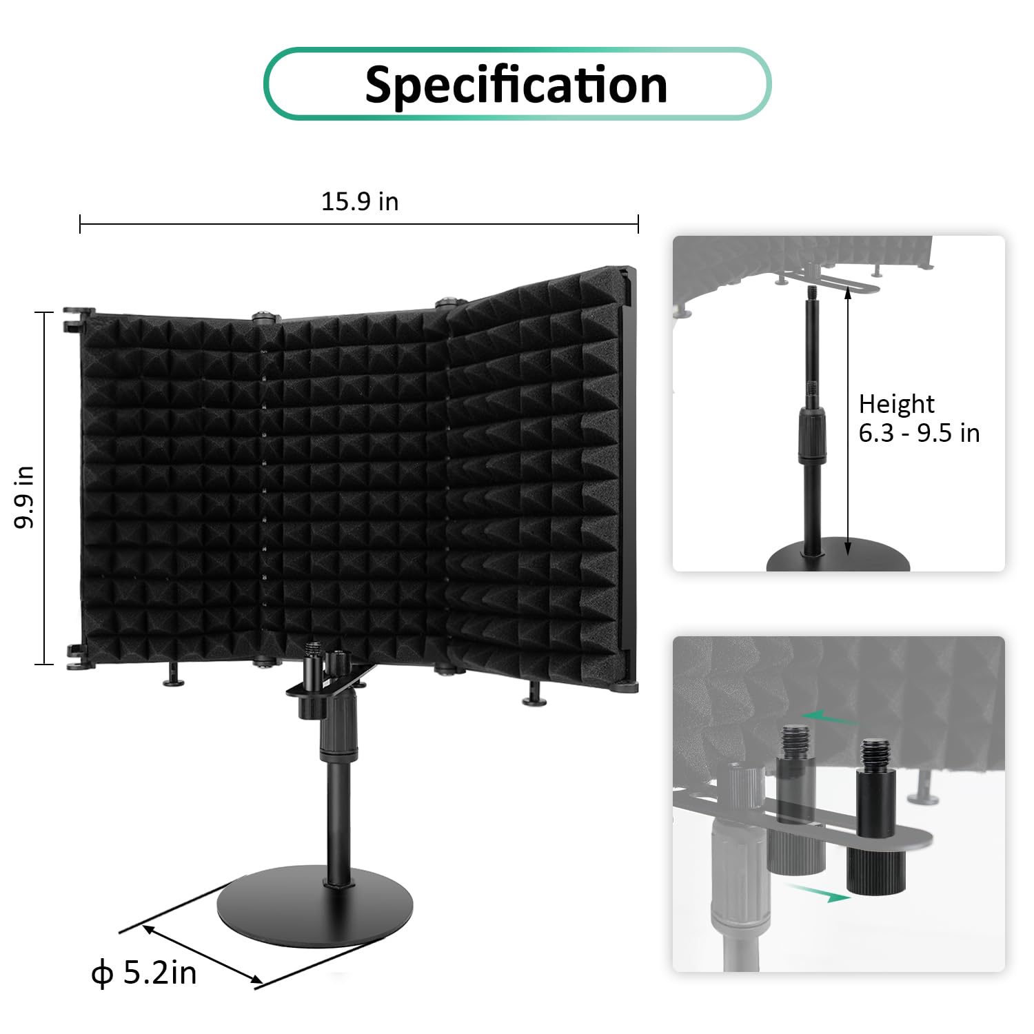 Rigych Microphone Isolation Shield, 3 Panels Sound Proof Mic Shield with Mic Stand and Pop Filter, High Density Absorbent Foam Mic Isolation Shield for Recording