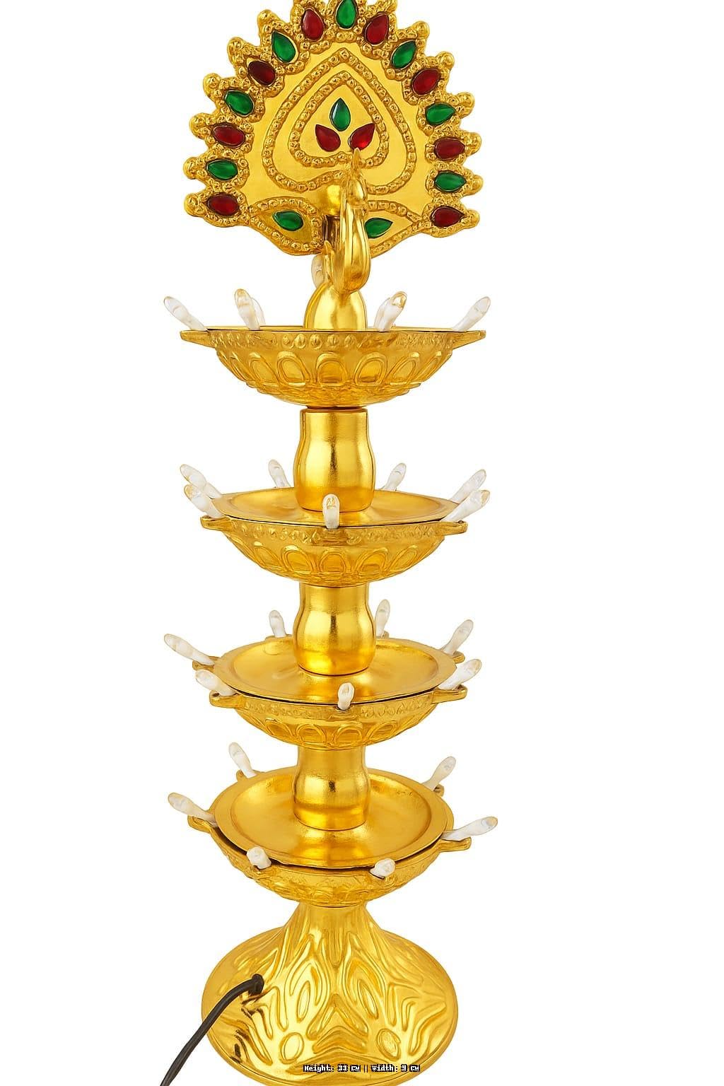 4-Layer LED Electric Diya with Peacock Design, 33 cm Height, Golden Decorative Lamp for Temple, Pooja Room, Diwali Festival ,LED Diya,LED lamp,OM Design,LED Lights