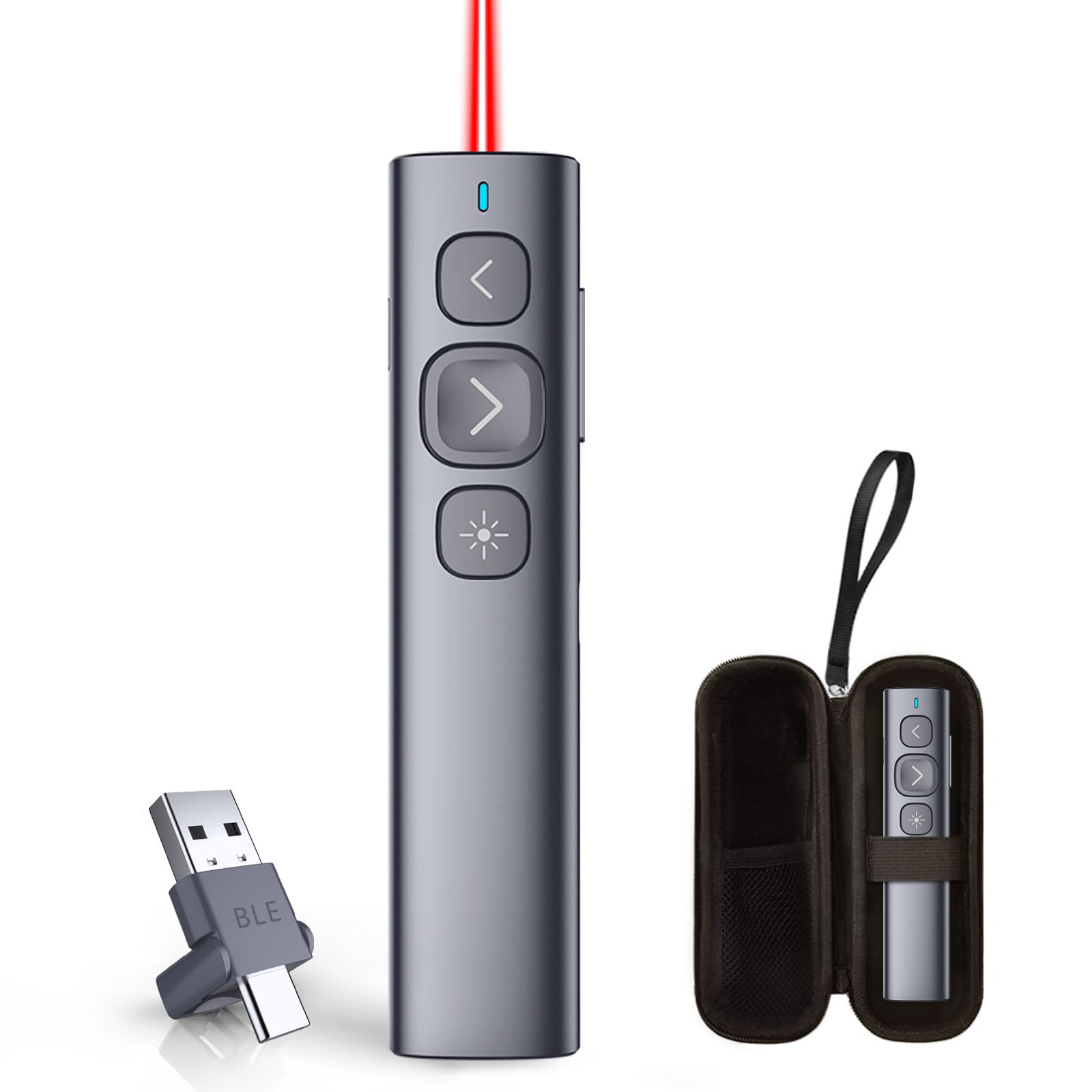 Norwii N95 Bluetooth Presentation Clicker récepteur USB-A C, PowerPoint Clicker rechargeable, télécommande de présentation, présentateur sans fil longue portée pour laptop/tablette (Rouge, BLE&USB-AC)