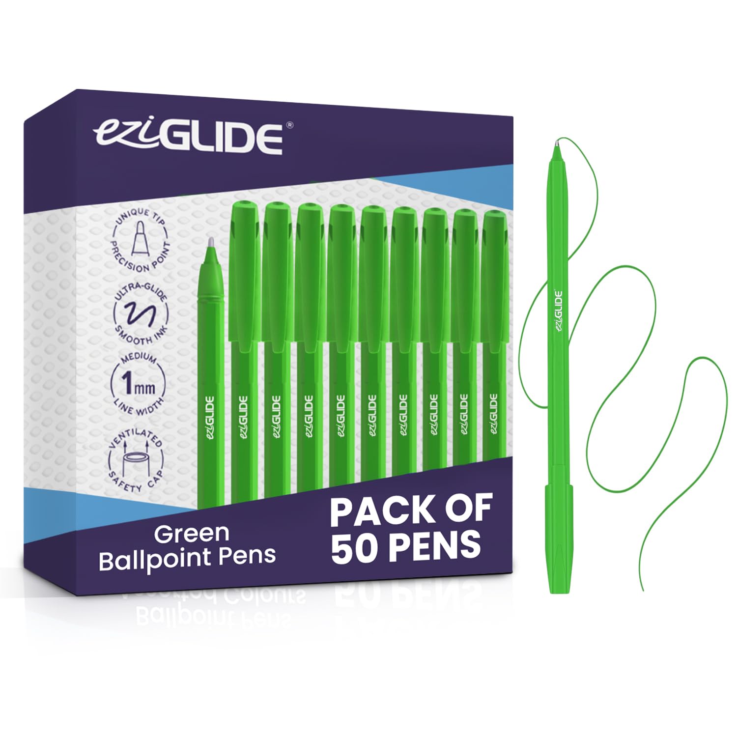 Ballpoint Pen Set, 50-Pack Green – Easy Grip & Medium Point (1.0mm) for Ultra-Smooth, Skip-Free Writing & Quick-Dry Ink – Ideal for Office, Work, Exam, School, Home & Stationery Use