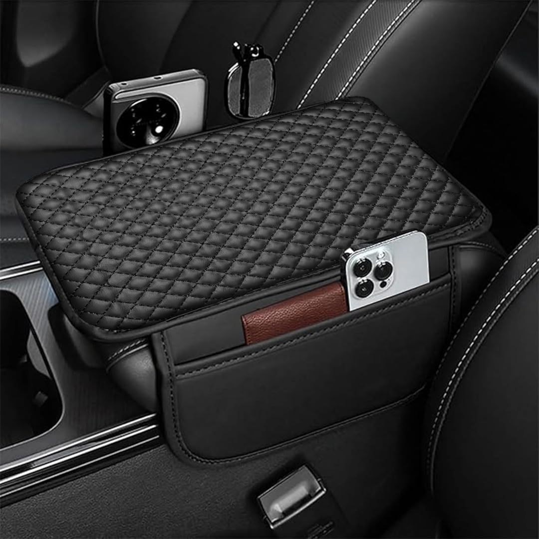 - PU Leather Car Armrest Cushion Pad With Side Pockets, Universal Fit for All Car