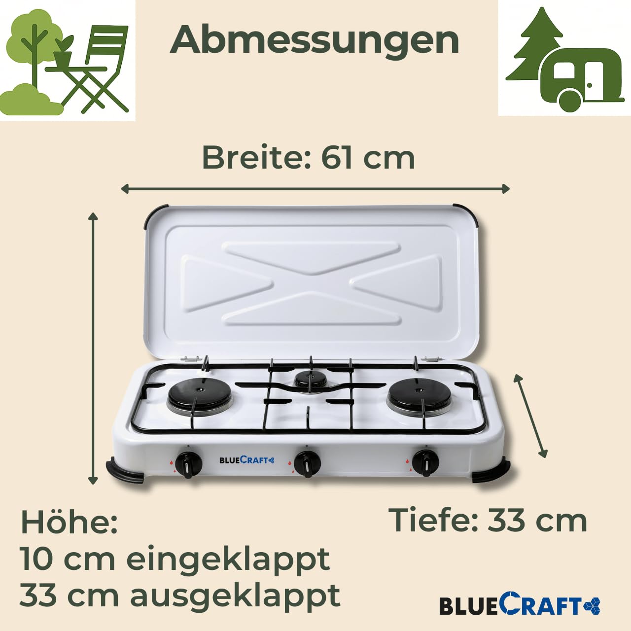 Bluecraft Campingkocher 3 flammig 5,25kW mit Schlauch, Regler & Manometer | Gaskocher, Druckanzeige, Regler & Gasschlauch für Gasflaschen, für Camping, Outdoor, Notfall, Garten & Freizeit, Wohnmobil