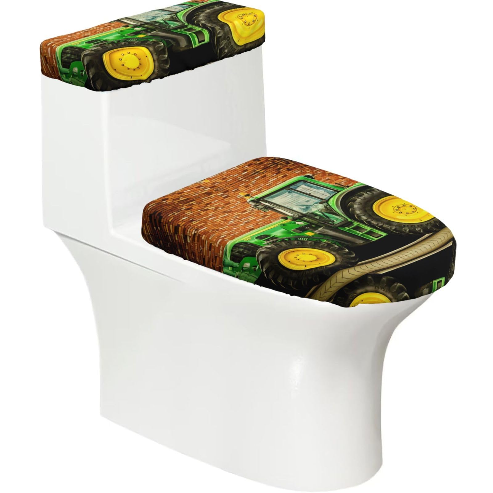 Tractor Theme 2-Piece Toilet Seat Cover Set with Tank Lid - Elastic for U-Shape & Elongated - Bathroom Decor