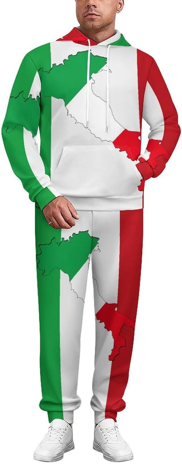 Italy Flag with Italy Map Hoodies 2 Piece Hooded Long Sleeve Pullover Suit Sweatpants Set Outfit Unisex