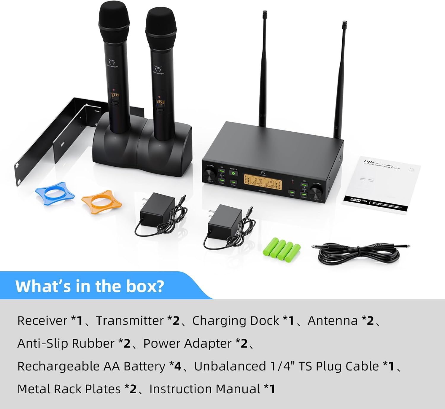 Wireless Microphone System, 2x100 UHF Dual-Channel Rechargeable Handheld Dynamic Microphone, Auto Scan, Suitable for Singing, Karaoke, Wedding, Performance