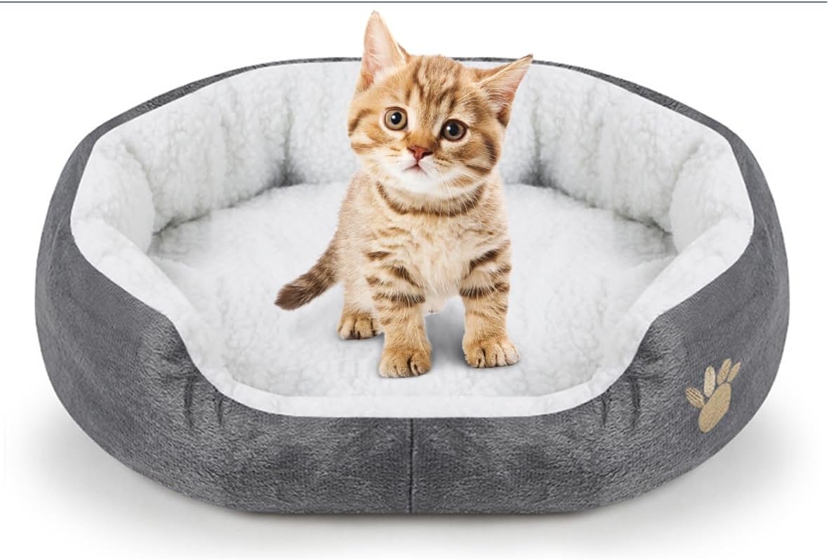 VITION Cat Bed Sleeping Nest for small Cat Puppy Dog, Soft Washable Round Fleece Nest Cushion Bed (40x45cm, Grey)