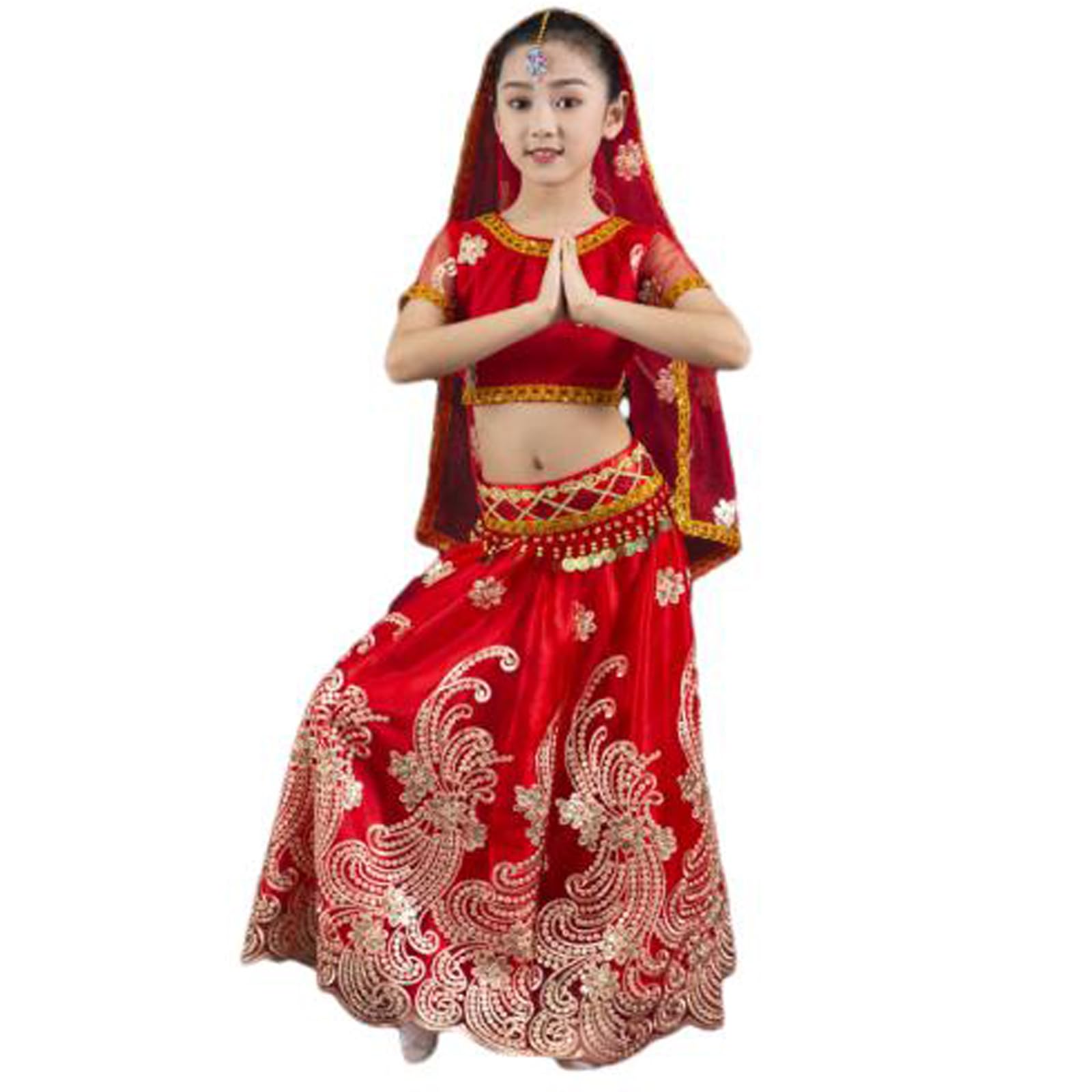 Kostium do tańca brzucha dla dziewczynki, stroje na Halloween indyjskie zestawy do tańca, karnawałowe ubrania do zawodów tanecznych Bollywood,Red,S