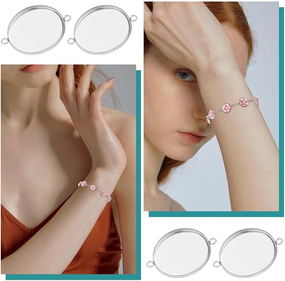 50Pcs Bezel Blank Charms Bulk Trays Connector Pendant Flat Round Blank Tray links Stainless Steel Bezel Tray Connector Charms for Bracelet Necklace Earring Jewelry Making 0.98inch Diameter - Image 5