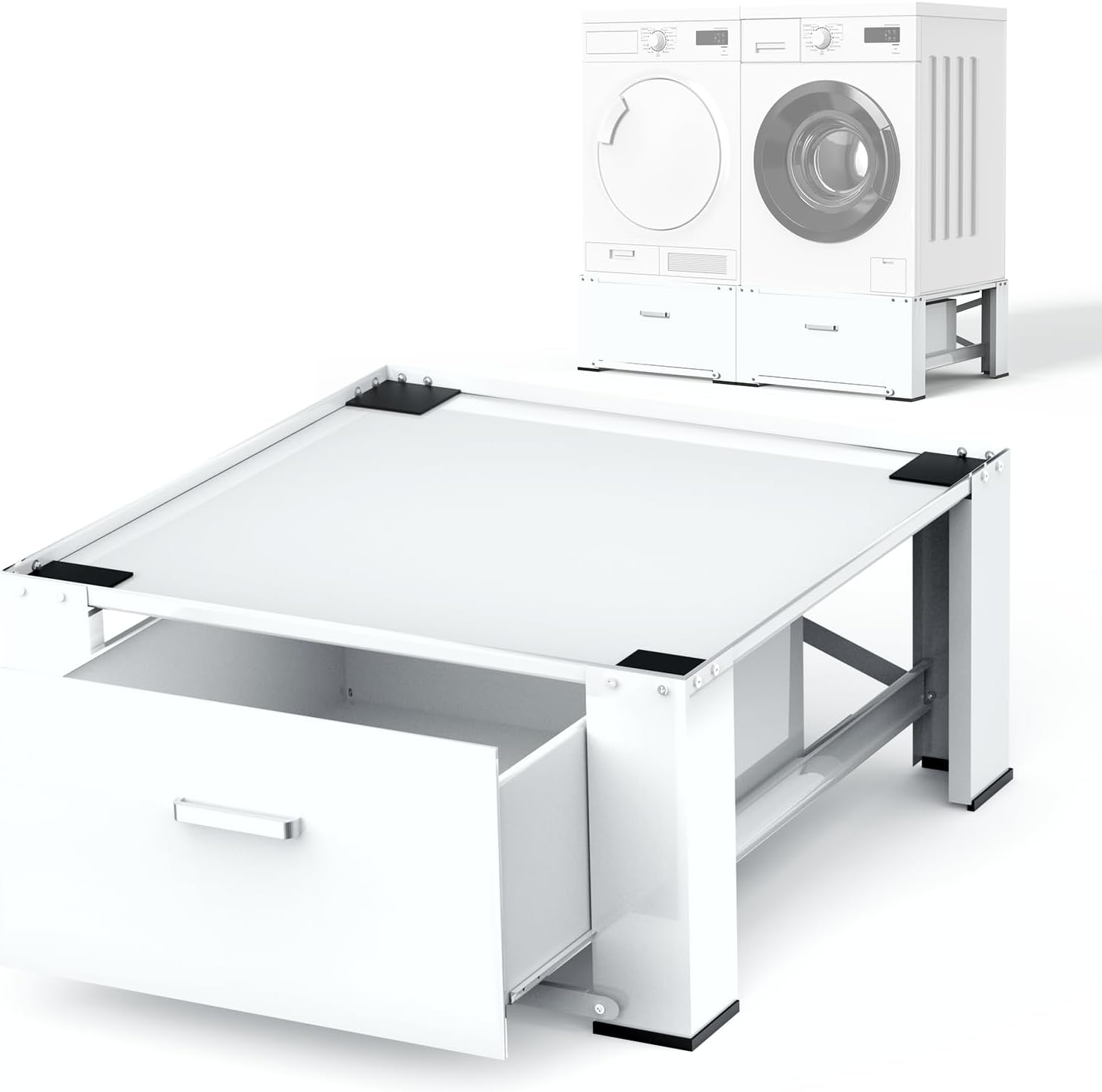 SKM Washer and Dryer Stand - 28" Laundry Pedestals for Washer and Dryer,Top with Panel, Steel Washing Machine Pedestal Raiser, 14.2 Inches Height Elevation White